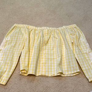 off the shoulder - yellow checker with white floral on the arms